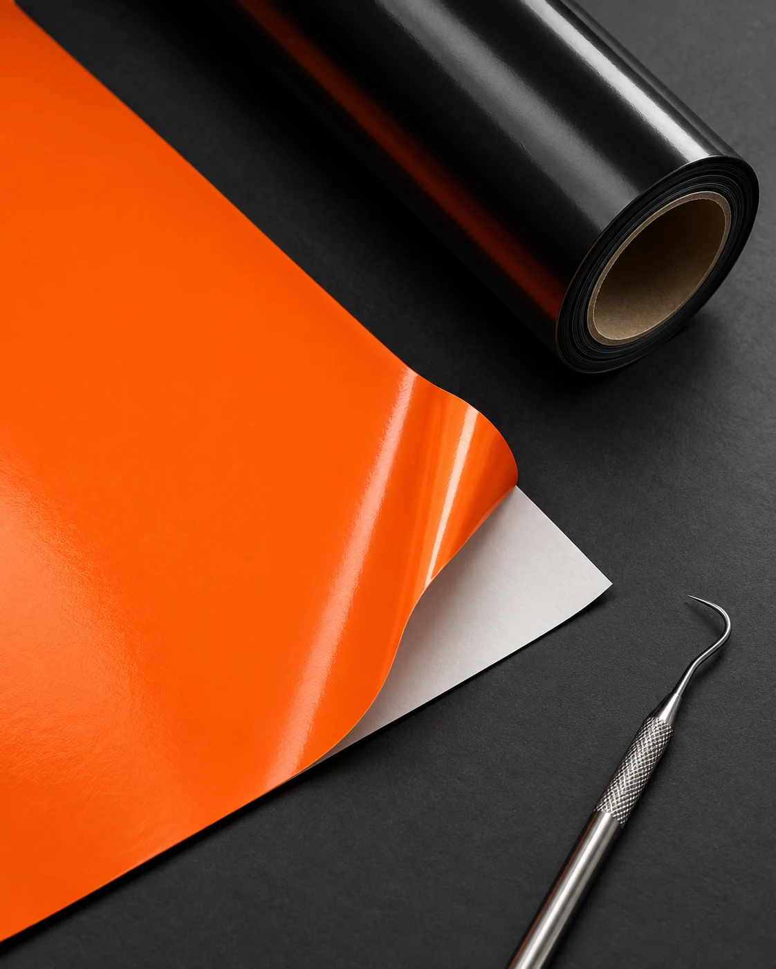 Materialillustration: orange Klebefolie mit abgezogener Ecke und schwarze Folienrolle