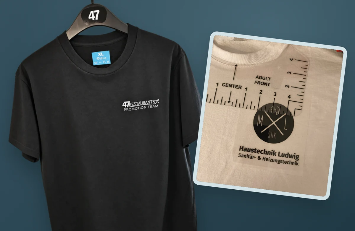 Beispiele für Textildruck: schwarzes Shirt mit Brustlogo und weißes Textil mit Firmenmotiv